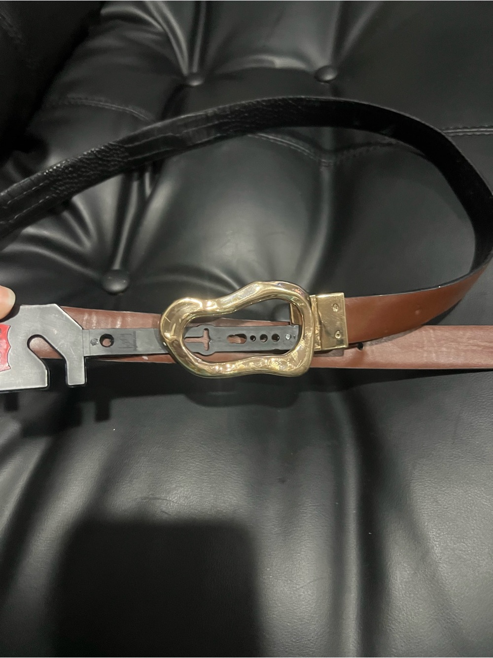 Levi's Brown and Black Leather Belt with Sculpted Gold Buckle double sided